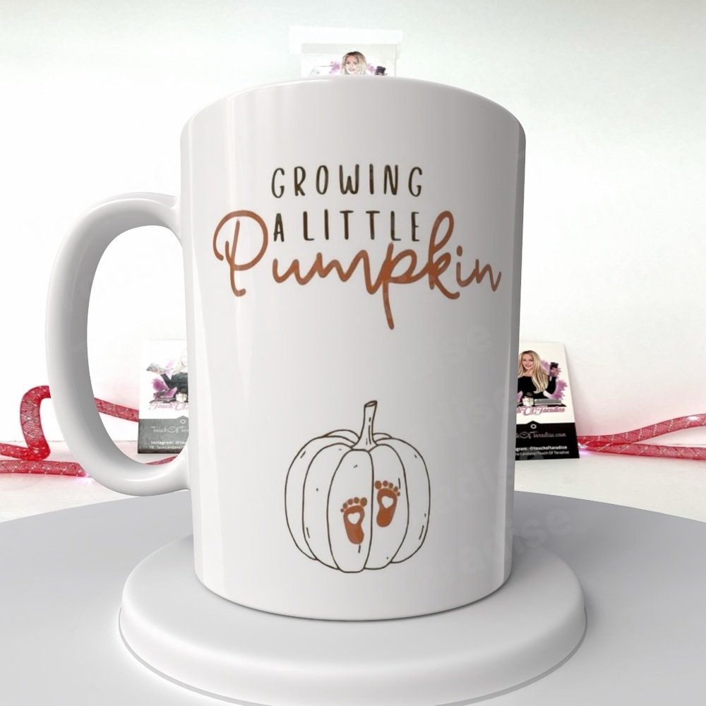 White Mug with Brown Pumpkin and Footprint Design - Pregnancy